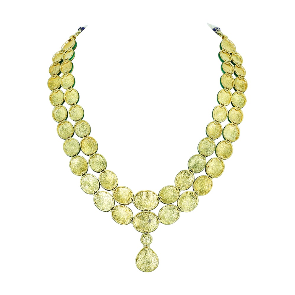 Twin-Line Polki Necklace with Blue Enamel and Pear Pendant